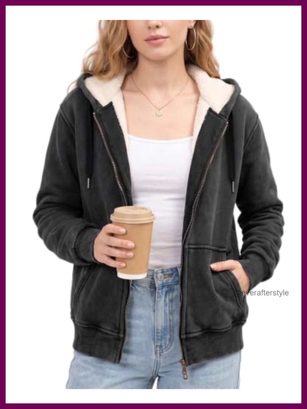 Women's Acid Wash Sherpa Fleece Full Zip Hoodie Loose Fit Winter Jacket